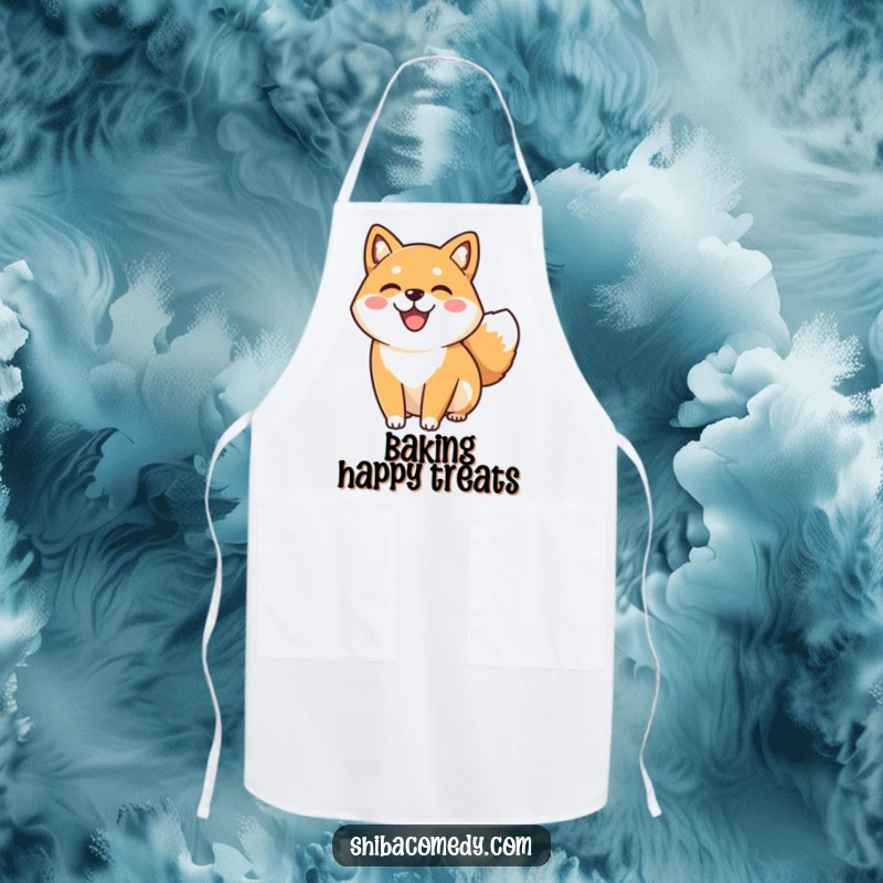 Funny happy Shiba Inu dog smiling and wagging its tail on a functional apron, bringing cheerful energy to cooking and baking.