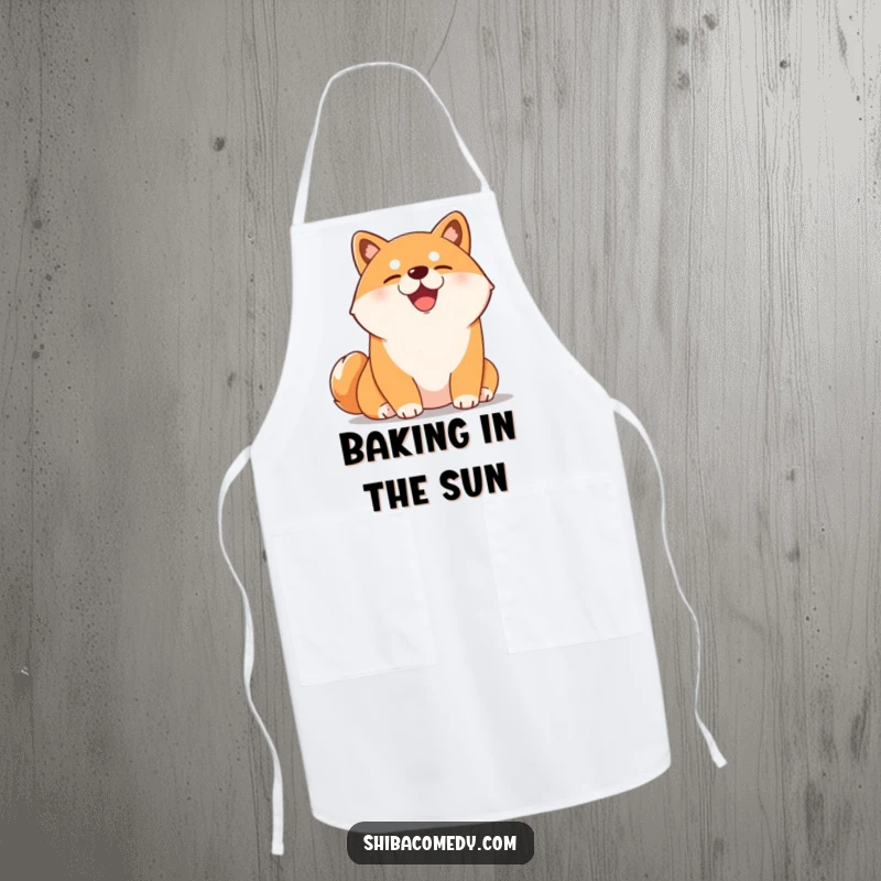 Funny Shiba Inu apron featuring a content dog relaxing in the sun, perfect for cooking or baking.