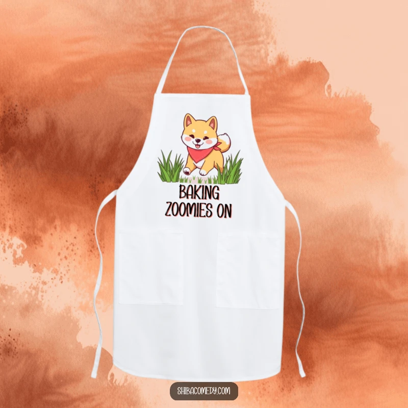 Funny Shiba Inu apron featuring a happy dog in a bandana bounding through grass, bringing a fun and energetic vibe to cooking.