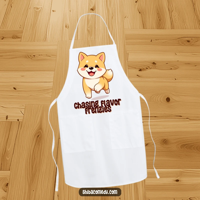 Funny happy Shiba Inu apron showing a dog running towards the viewer with its tail wagging, full of fun.
