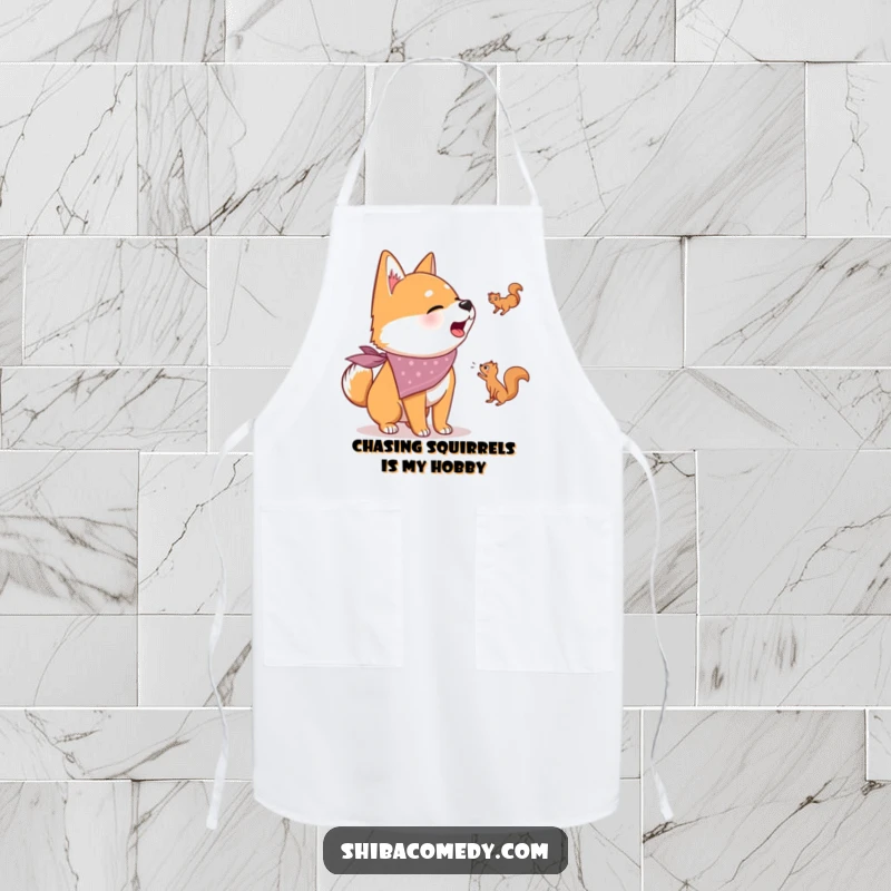 Funny apron featuring a Shiba Inu dog in a bandana, barking at a squirrel while cooking, adding a humorous touch to the kitchen.