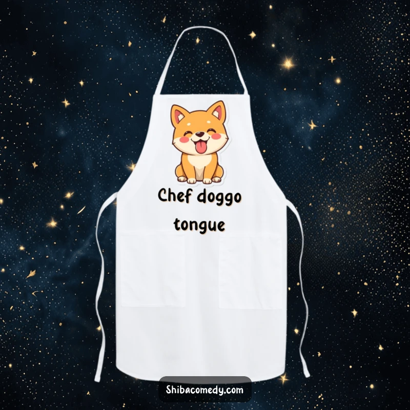 Funny Shiba Inu apron with a playful dog sitting, tongue out, perfect for humorous kitchen adventures.