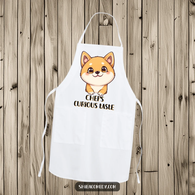 Funny Shiba Inu apron, a curious dog tilts its head with big bright eyes, humorous kitchen accessory.