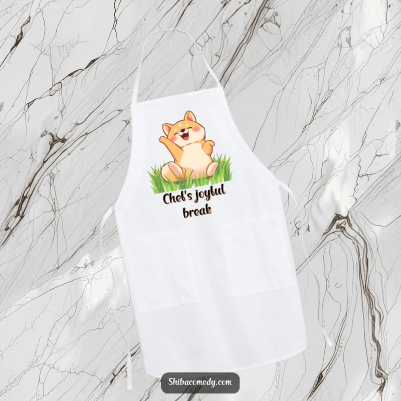 Funny Shiba Inu apron, a happy dog rolls on its back in the grass, humorous kitchen accessory.