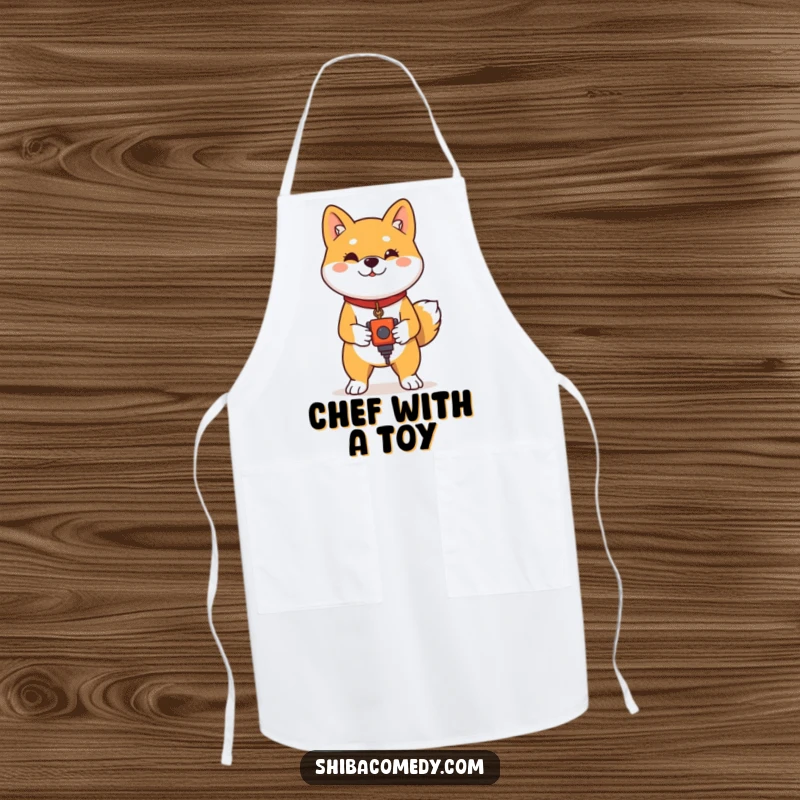 Funny Shiba Inu Apron: A proud Shiba Inu stands with a toy, perfect for a humorous and confident cooking experience.