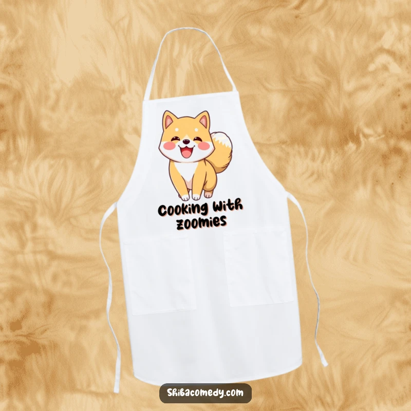 Funny Shiba Inu Apron with an excited Shiba Inu character wagging its fluffy tail enthusiastically, adding humor to cooking.
