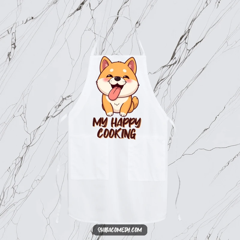 Funny Shiba Inu apron featuring a happy, bouncy dog with its tongue out, perfect for cooking or baking.