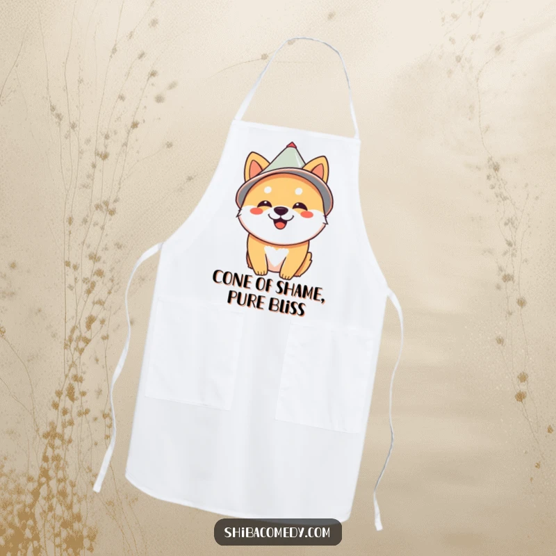 Funny Shiba Inu wearing a cone hat, exuding happiness, perfect for a humorous kitchen apron.