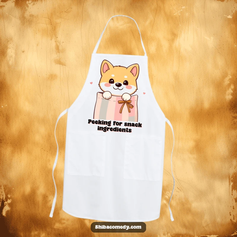 Funny apron showing a curious Shiba Inu dog peeking its head out from a gift bag, ideal for playful kitchen moments.