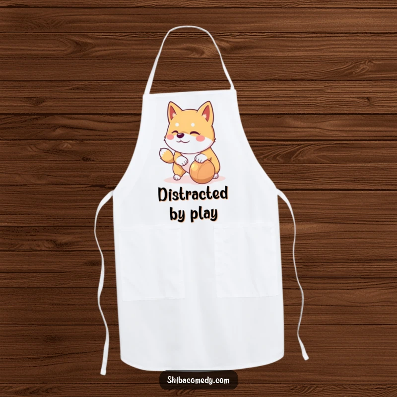 Funny Shiba Inu apron for the kitchen, showing a playful dog with mischief nudging a rolling toy.