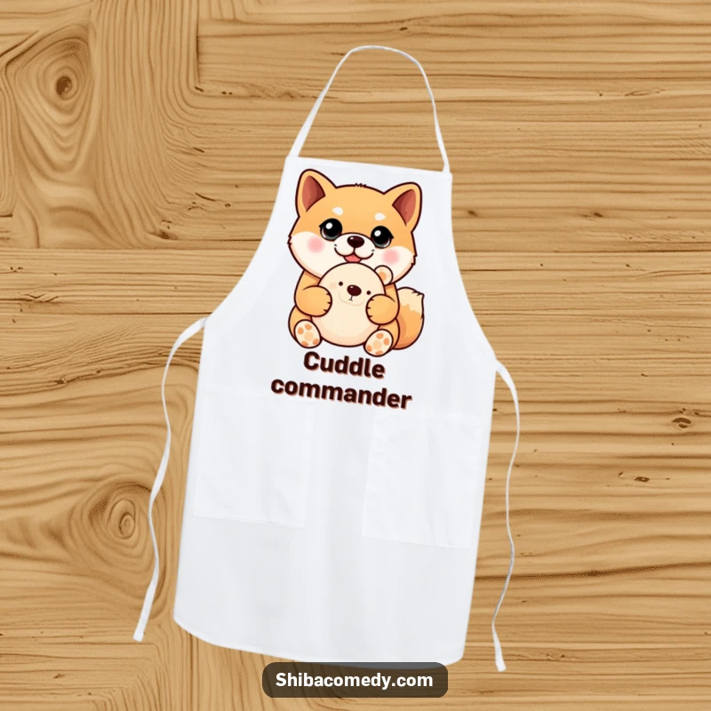 Funny Shiba Inu apron showing a dog with large, endearing eyes holding a plush toy, ideal for keeping clothes clean during cooking.