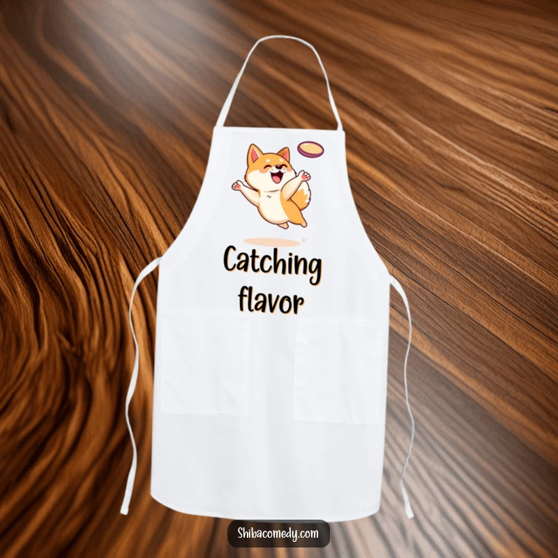 Funny Shiba Inu dog character leaping to catch a frisbee on an apron, adding a touch of canine athleticism to the kitchen.