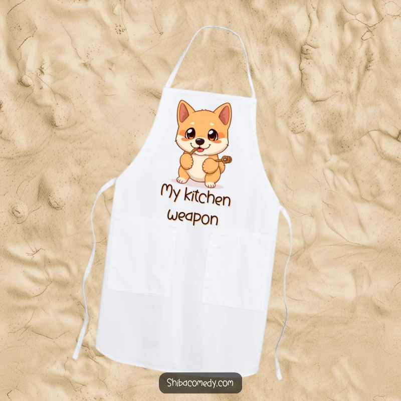 Funny apron showcasing a Shiba Inu dog with expressive eyes playing tug-of-war, adding a playful and humorous touch to cooking.