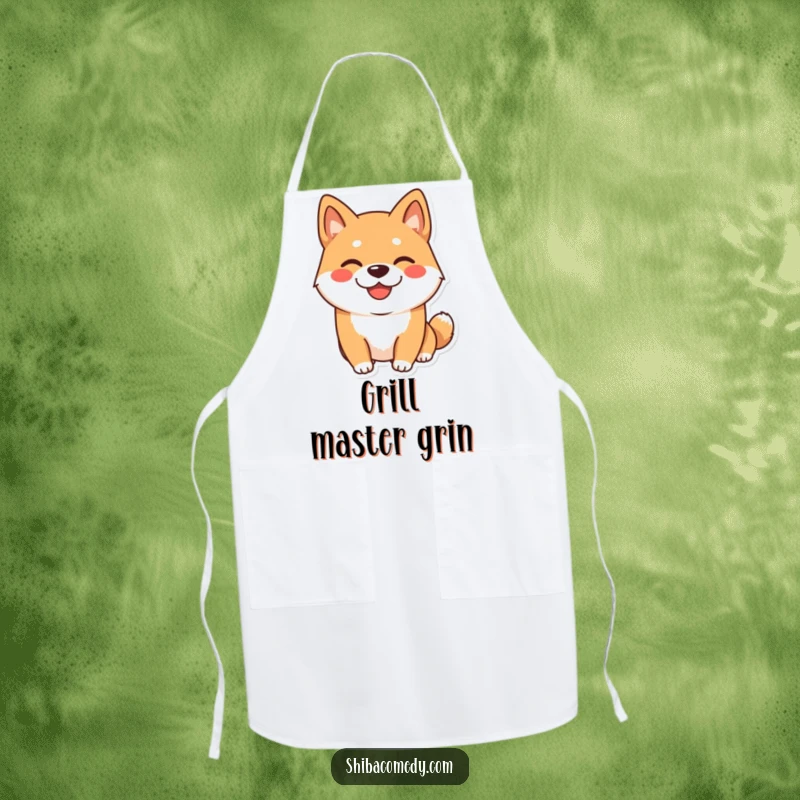 Funny Shiba Inu Apron: A happy Shiba Inu dog with a wide, playful grin, perfect for a functional and funny kitchen accessory.