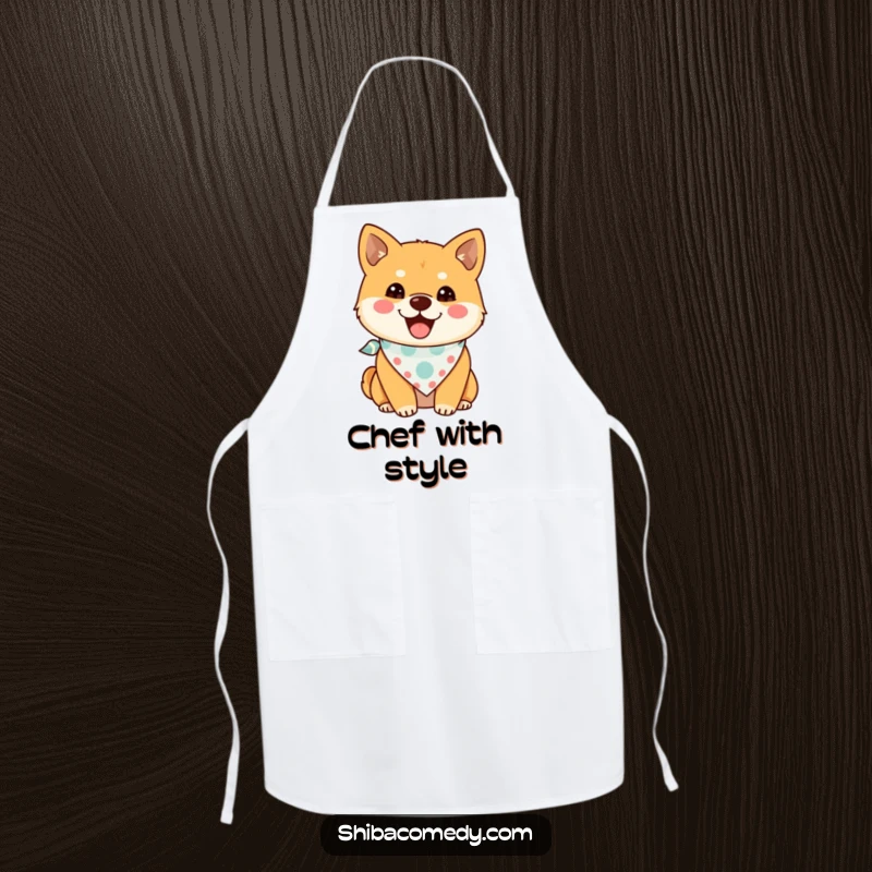 Funny Shiba Inu Apron featuring a cheerful dog wearing a bandana, ideal for chefs and a great funny gift.