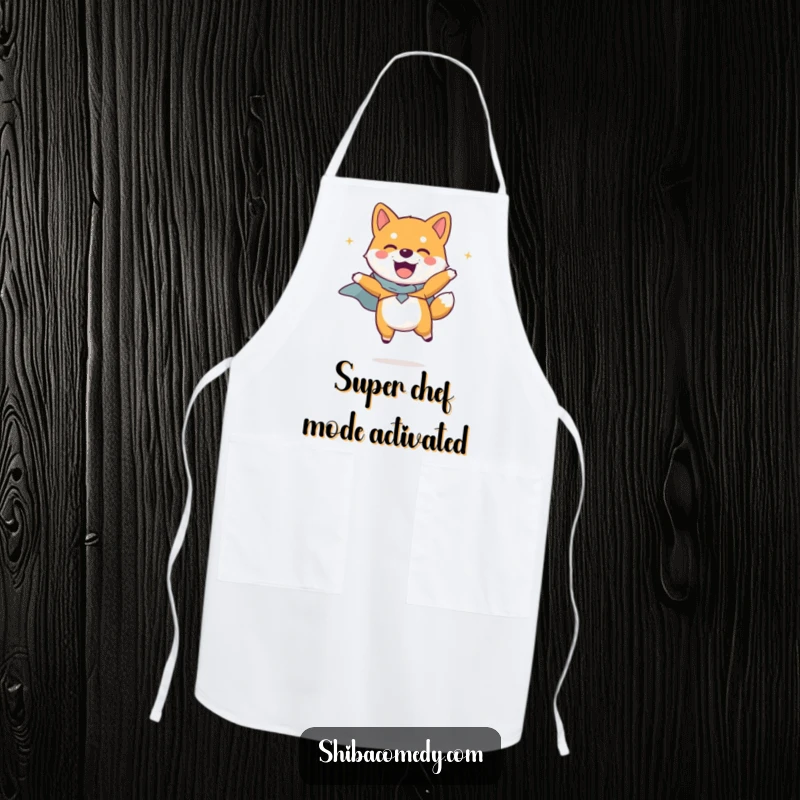 Funny Shiba Inu dog wearing a tiny cape, leaping joyfully on a functional apron, bringing superhero fun to cooking.