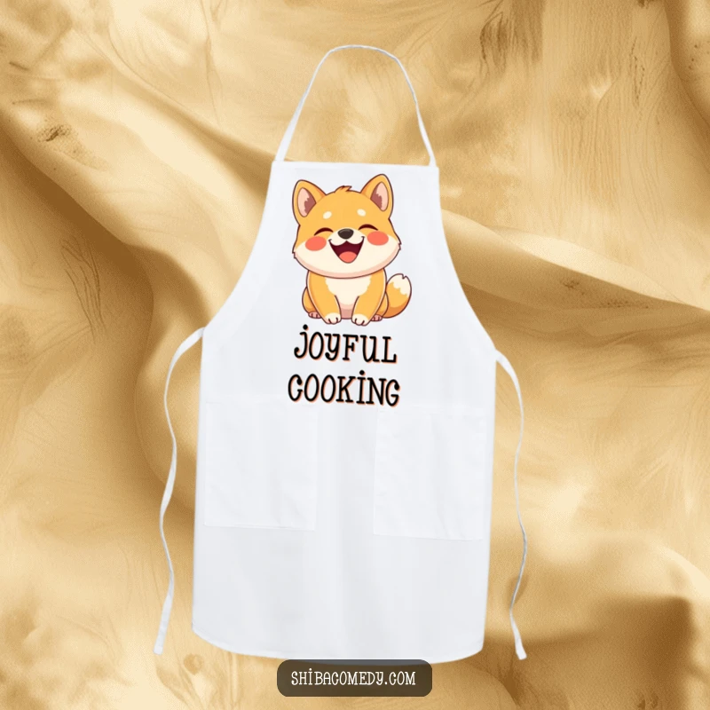 Funny Shiba Inu apron showing a dog grinning with tail curled high, bringing hilarious joy to any cooking or baking session.