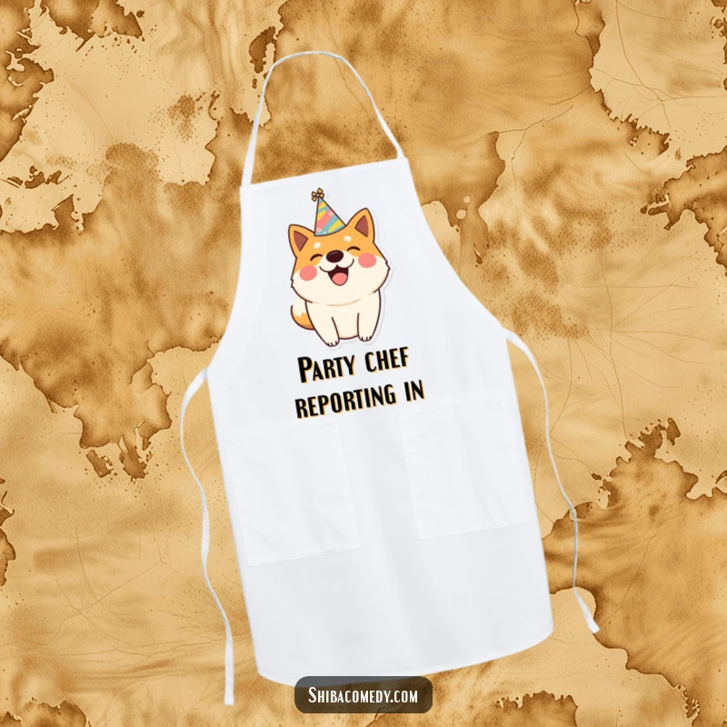 Funny apron featuring a happy Shiba Inu wearing a party hat and wagging its tail, ideal for festive kitchen fun.