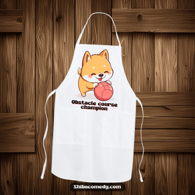 Funny Shiba Inu playfully nudging a rolling ball, perfect for a humorous kitchen apron.