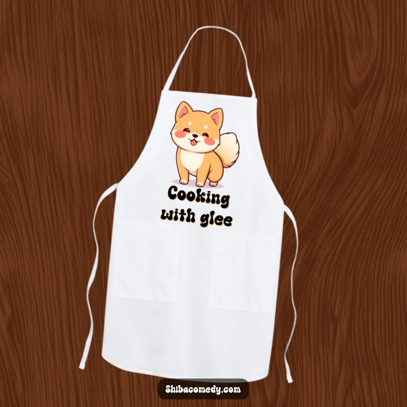 Funny Shiba Inu Apron with a happy dog wagging its fluffy tail, great for kitchens and a funny gift.