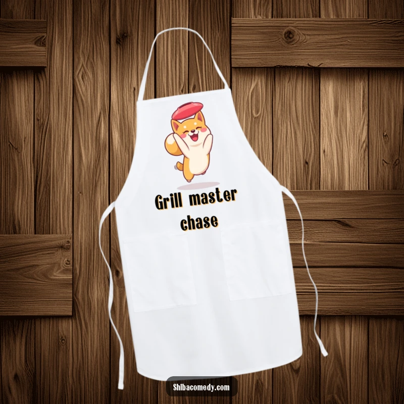 Funny Shiba Inu apron: a smiling Shiba Inu catches a frisbee while cooking, adding doggy fun to the kitchen.