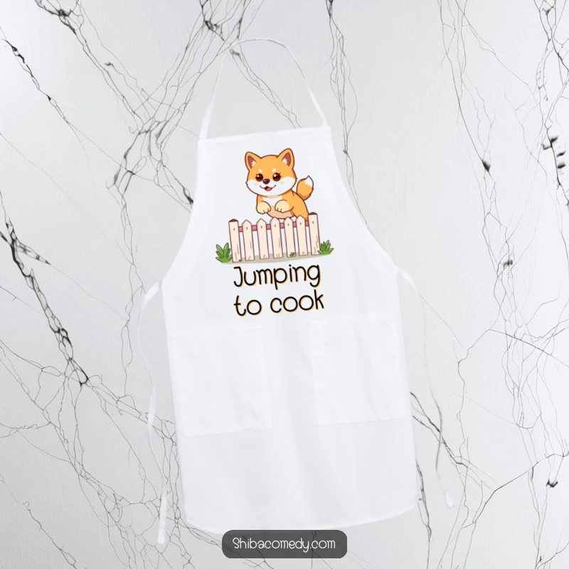 Funny apron showcasing a determined Shiba Inu dog leaping over a garden fence, ready for any challenge.