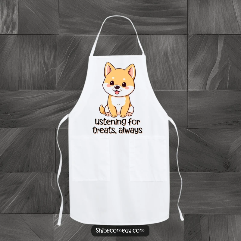 Funny Shiba Inu with perky ears sitting attentively, a humorous apron for kitchen fun.