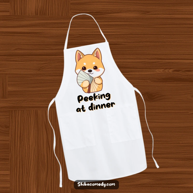 Funny curious Shiba Inu dog peeking from behind a fan on a functional apron, bringing playful mystery to cooking.
