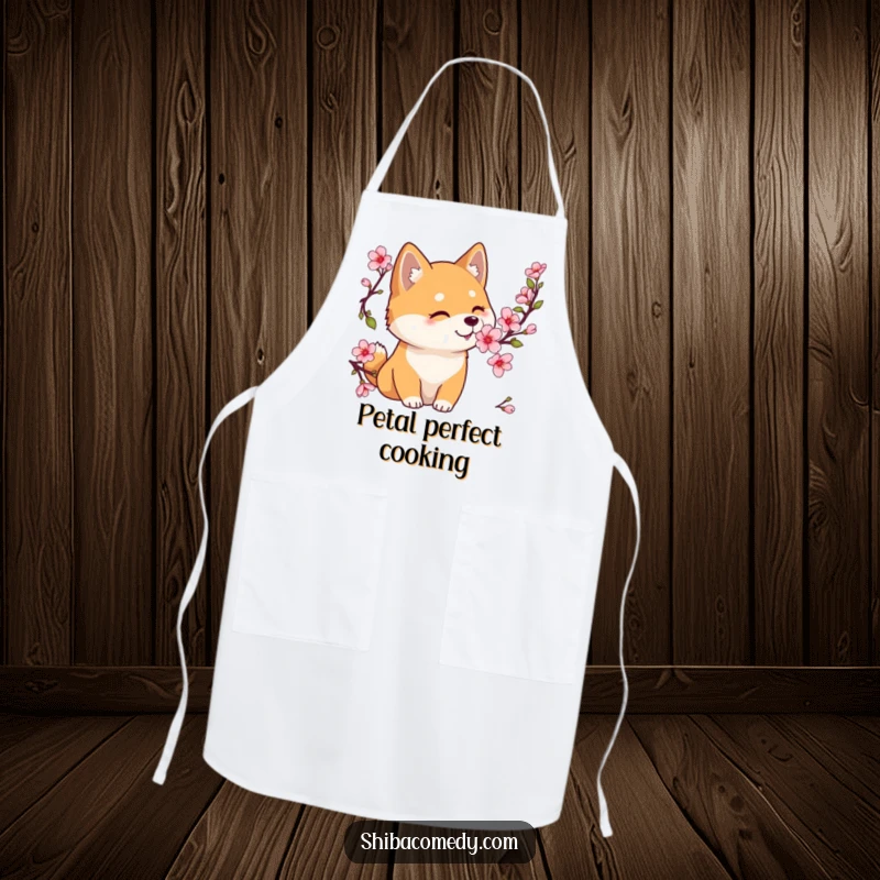 Funny Shiba Inu apron featuring a gentle dog sniffing a cherry blossom, bringing a calm and beautiful vibe to the kitchen.