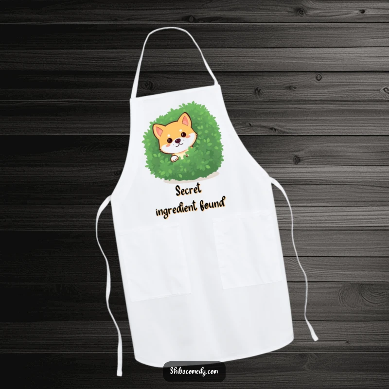 Funny Shiba Inu Apron with a curious dog peeking from behind a bush, great for kitchens and a funny gift.