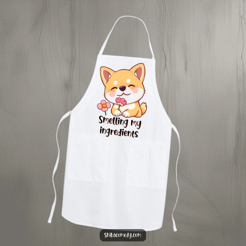 Funny apron showcasing a Shiba Inu dog curiously sniffing a flower, adding a charming and humorous touch to kitchen tasks.