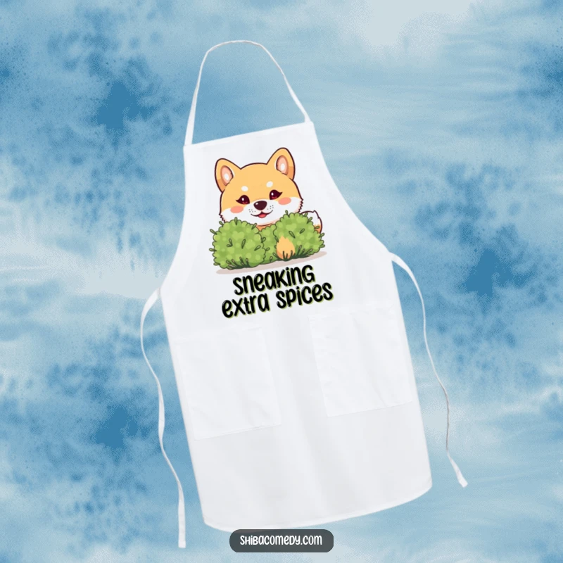 Funny Shiba Inu Apron: A mischievous Shiba Inu peeks from behind a bush, perfect for a humorous and playful cooking experience.