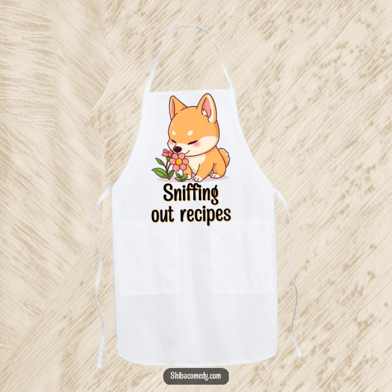 Funny Shiba Inu apron with a curious dog with perked ears sniffing a colorful flower, perfect for adding gentle humor to cooking.