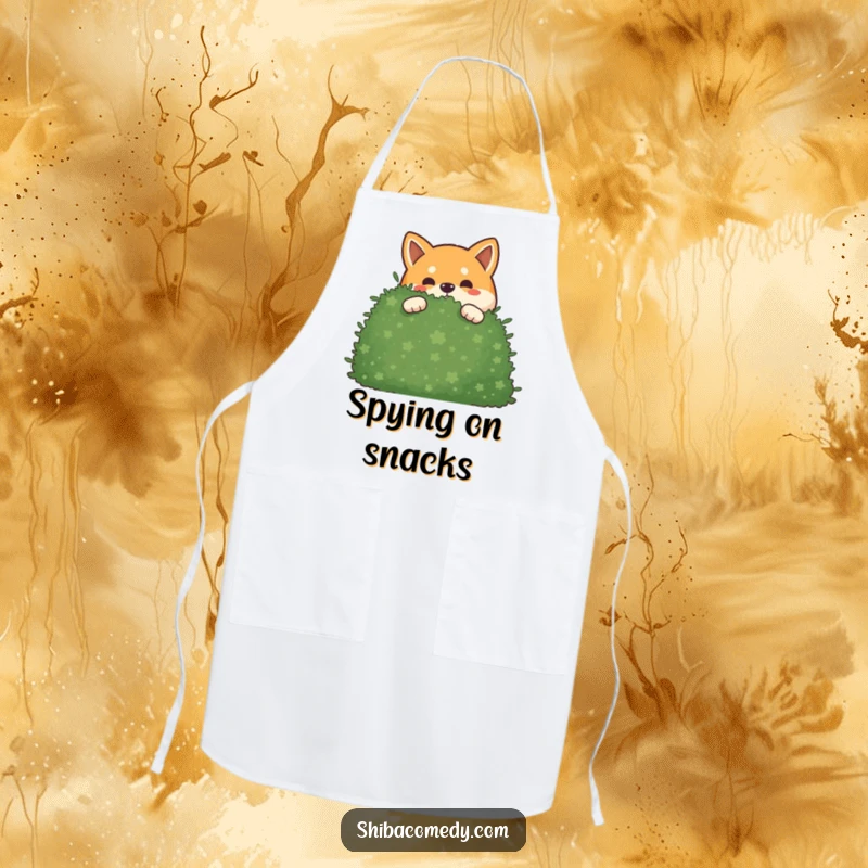 Funny mischievous Shiba Inu apron showing a dog peeking out from behind a bush, ready for playful kitchen activities.