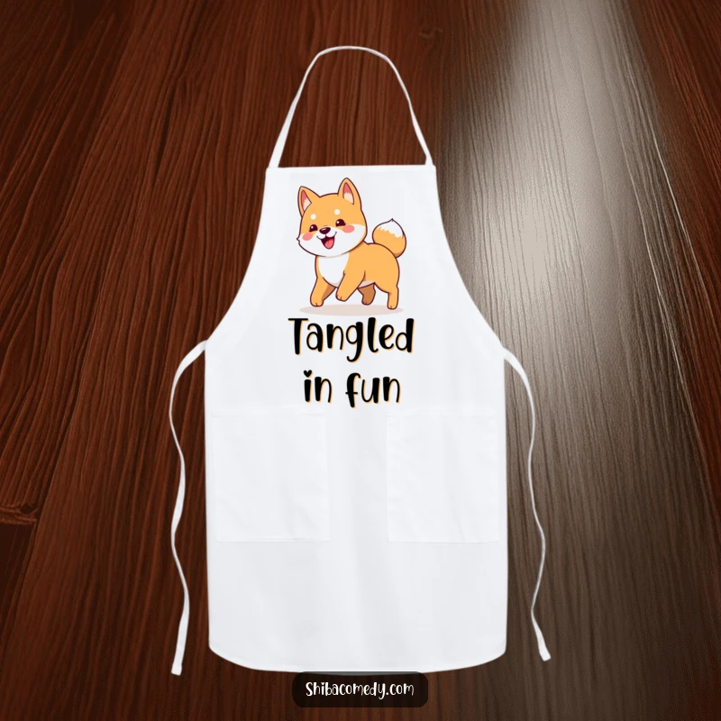 Funny apron showcasing a playful Shiba Inu dog in a classic pose, hilariously chasing its tail.