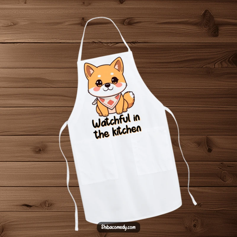 Funny Apron with an alert Shiba Inu in a bandana, ideal for cooking and a humorous kitchen accessory, great gift.