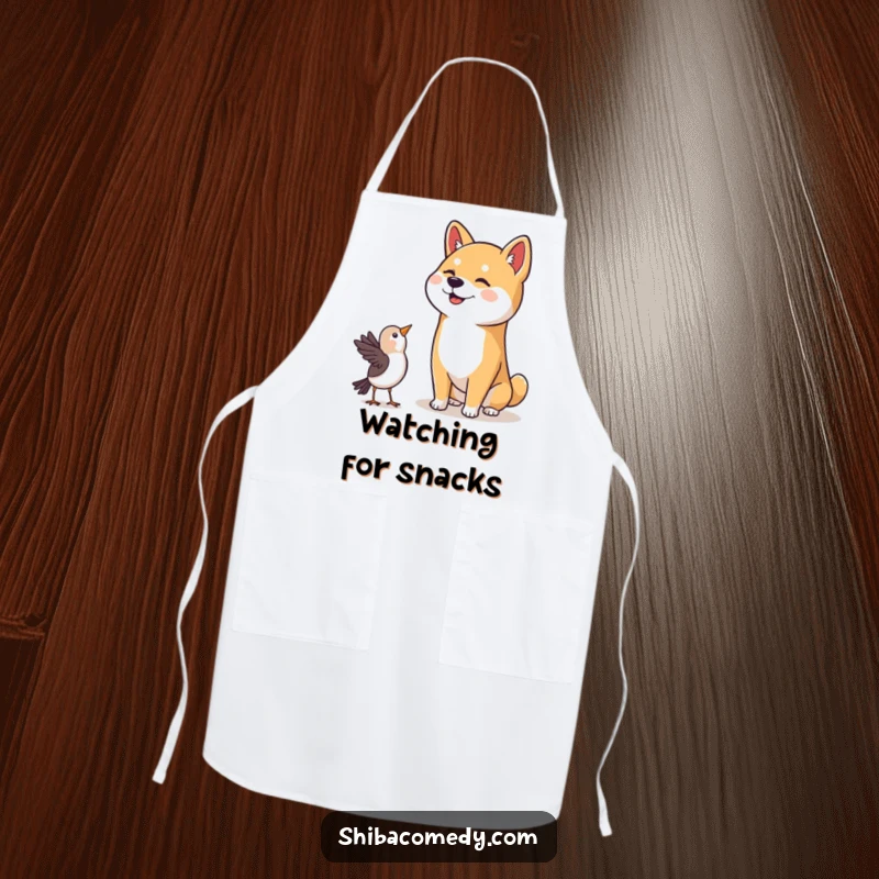 Funny Shiba Inu Apron: A cute Shiba Inu with a happy head tilt focuses intently on a bird, ideal for a humorous cooking experience.