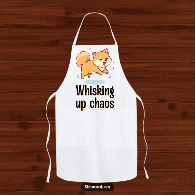 Funny Shiba Inu dog energetically spinning in a circle chasing its tail on a functional apron, bringing chaotic fun to cooking.