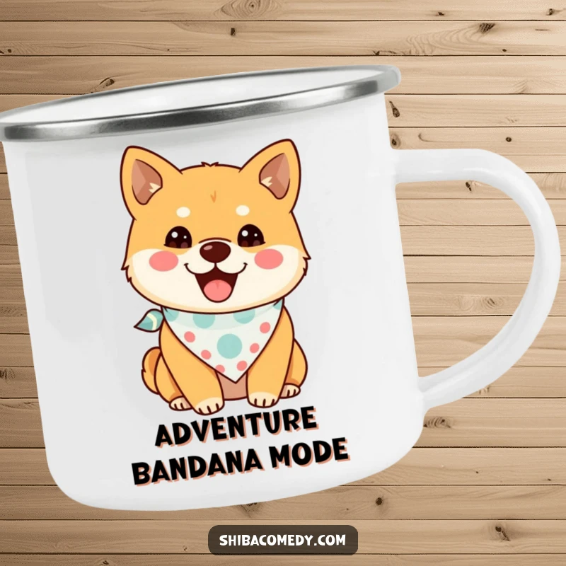 Funny Shiba Inu Camping Mug featuring a cheerful dog with a bandana, built for adventure and a humorous gift.
