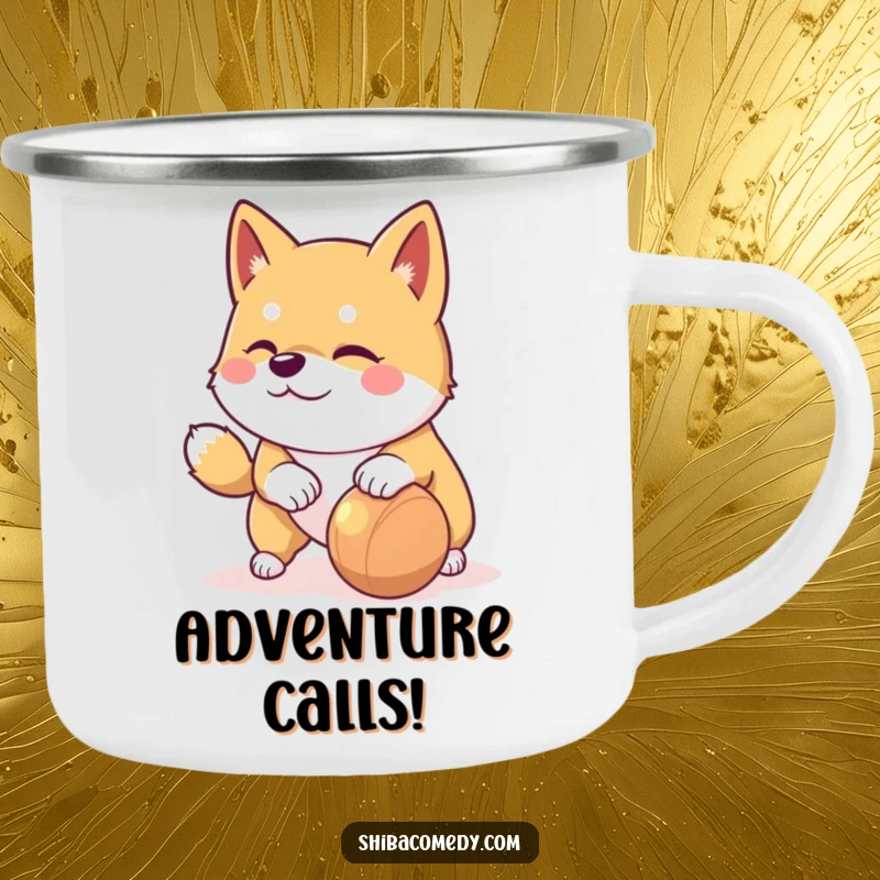 Funny Shiba Inu camping mug showing a playful dog with mischief nudging a rolling toy, ready for adventure.