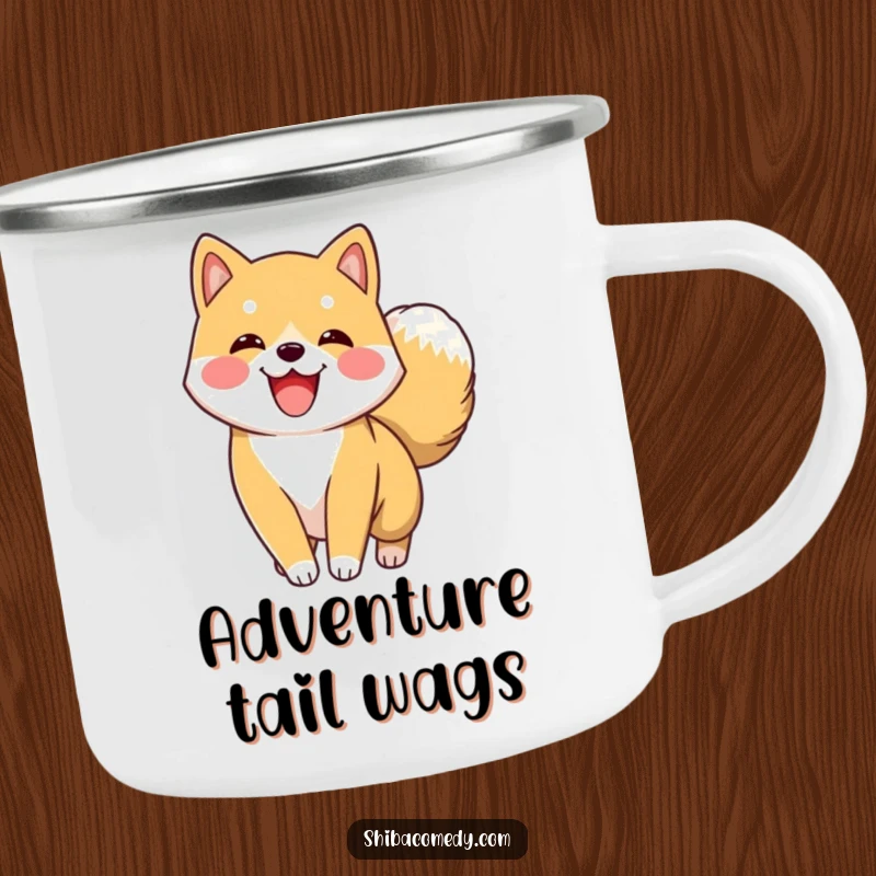 Funny Shiba Inu Camping Mug featuring an excited Shiba Inu character wagging its fluffy tail, bringing outdoor fun and humor.