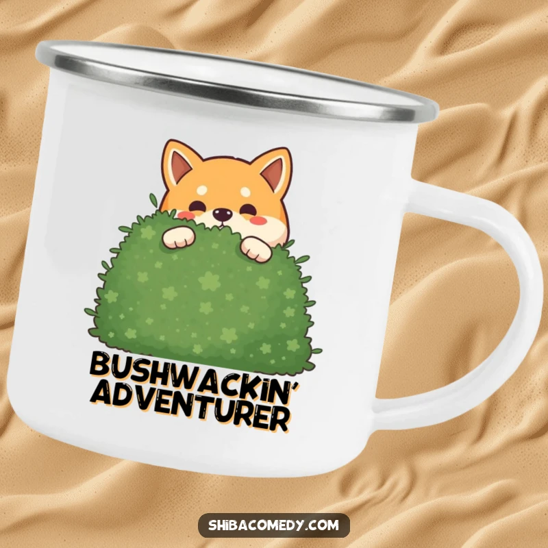 Funny mischievous Shiba Inu camping mug showing a dog peeking out from behind a bush, perfect for outdoor fun.
