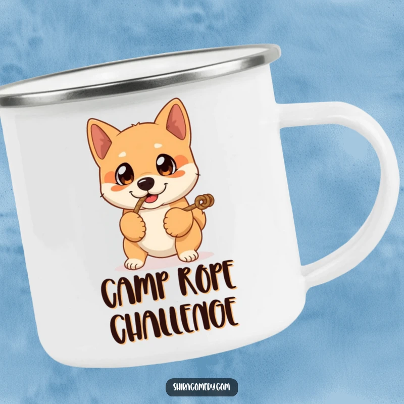 Funny camping mug featuring a Shiba Inu dog with expressive eyes playing tug-of-war, perfect for enjoying drinks outdoors with a smile.