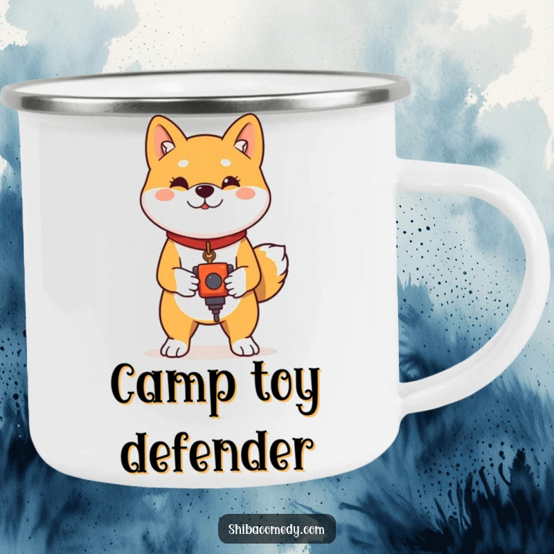 Funny Shiba Inu Camping Mug: A proud Shiba Inu stands with a toy, designed for outdoor confidence and humor.