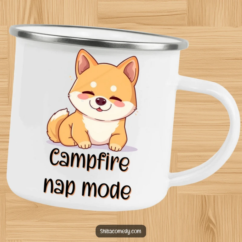Funny Shiba Inu camping mug showing a content dog snoozing in a sunbeam, ready for outdoor relaxation.