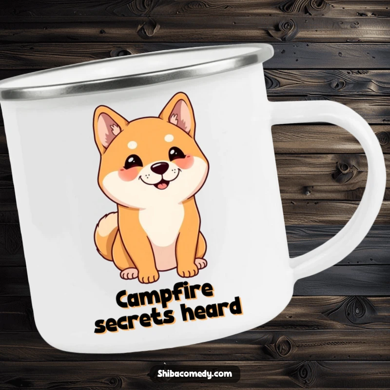 Funny Shiba Inu Camping Mug: Enamel mug with a listening Shiba Inu with perked ears, ideal for outdoor enjoyment.