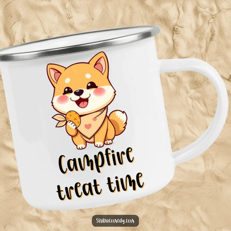 Funny Shiba Inu camping mug, a happy dog in a bandana holds a treat, durable humorous outdoor gift.