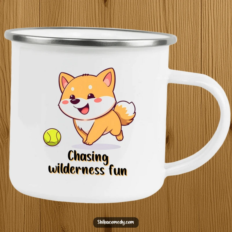 Funny Shiba Inu camping mug with a happy, tail-wagging dog chasing a tennis ball, perfect for adding humor to outdoor fun.