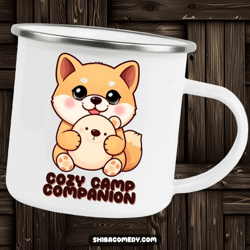 Funny Shiba Inu camping mug featuring a dog with large, wide eyes holding a stuffed toy, ideal for enjoying drinks outdoors.
