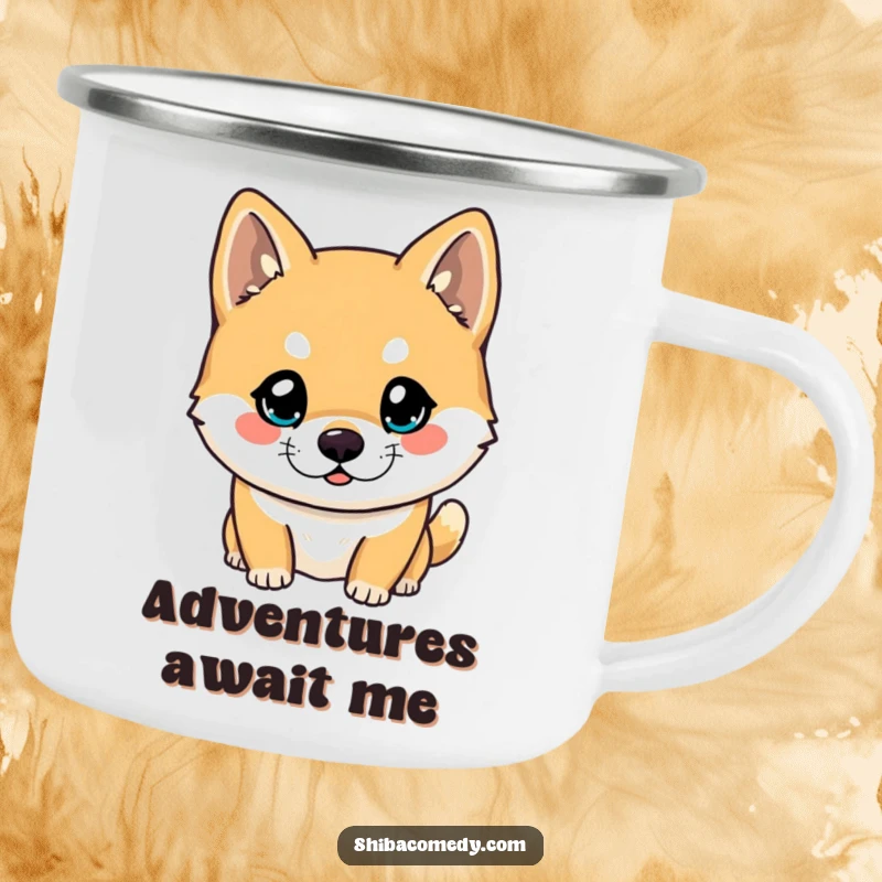 Funny Shiba Inu camping mug featuring a dog with bright, curious eyes looking forward, embodying the spirit of exploration and discovery.